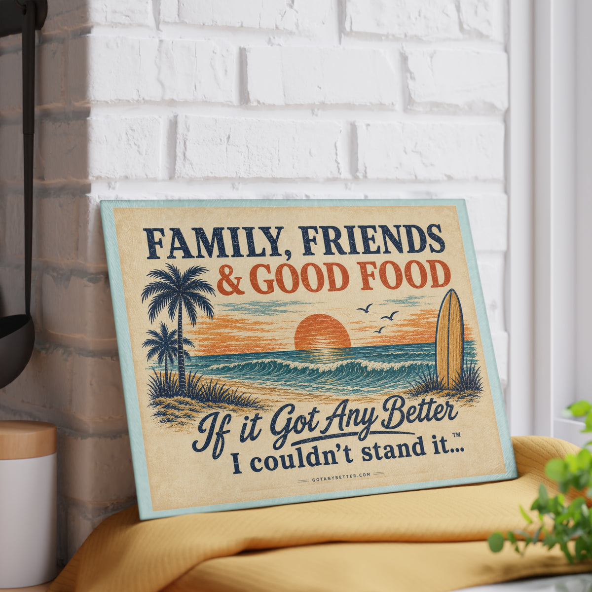 Glass Cutting Board — "Family, Friends & Good Food" Beach Sunset Decorative Chopping Board
