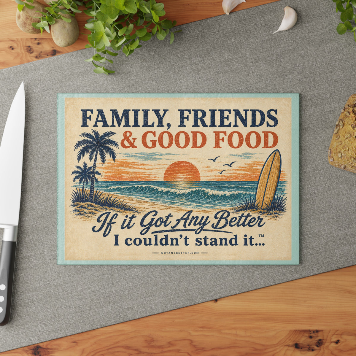 Glass Cutting Board — "Family, Friends & Good Food" Beach Sunset Decorative Chopping Board