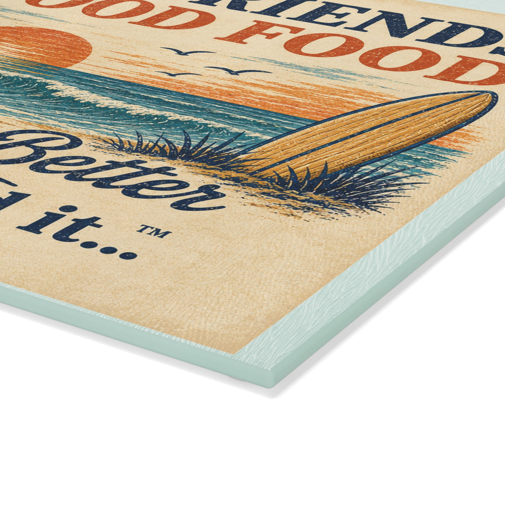 Glass Cutting Board — "Family, Friends & Good Food" Beach Sunset Decorative Chopping Board